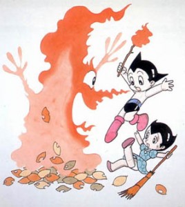 Astro Boy en Uran op een veiligheidsposter van Osamu Tezuka